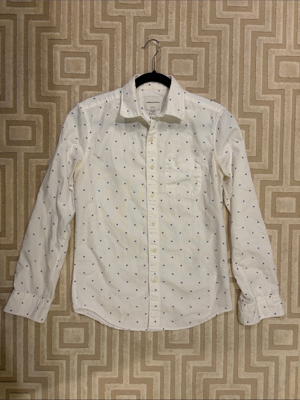 American Eagle White Button-Up Shirt with Blue Paisley Print